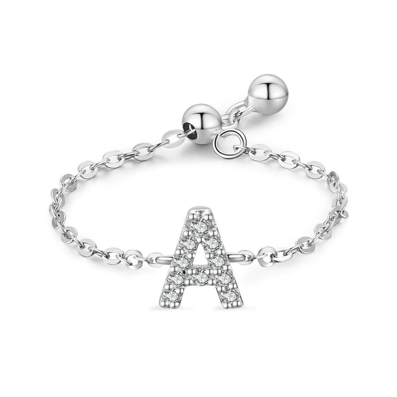 S925 sterling silver adjustable ring with pavé letter A charm