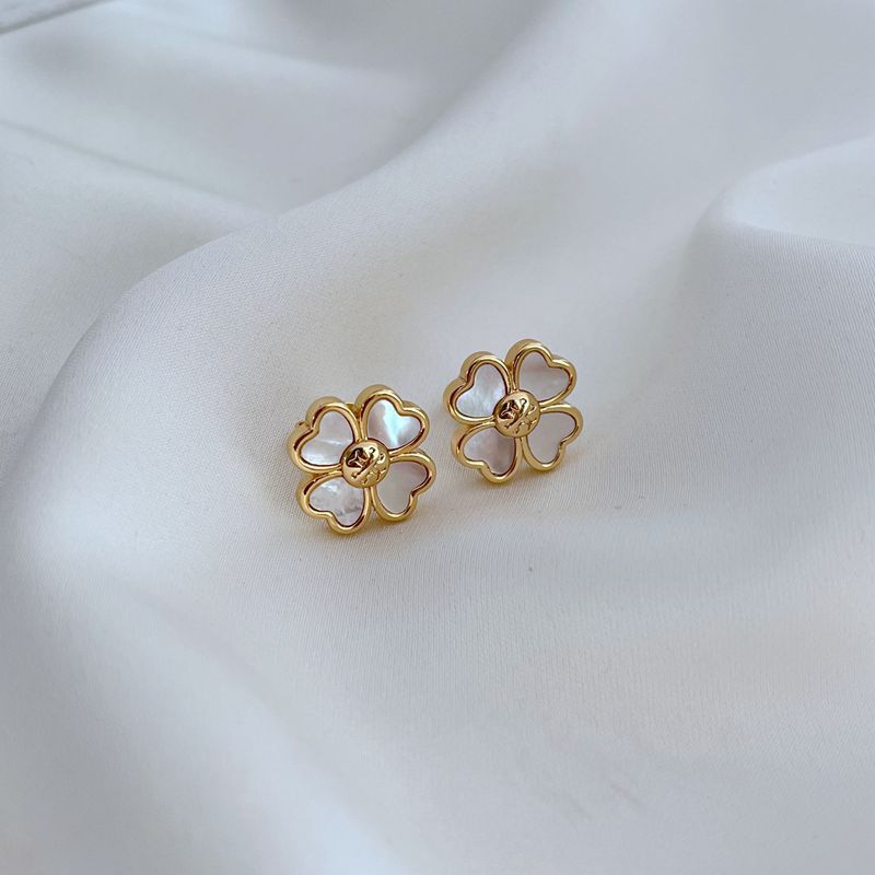 Tory Burch Mother-of-Pearl Four-Leaf Clover Metal Stud Earrings