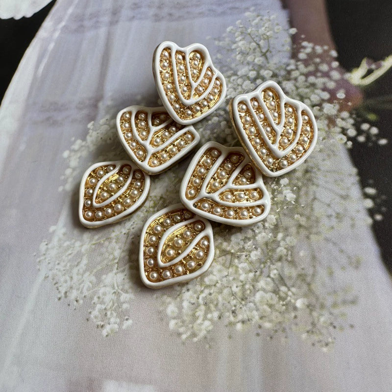 Hand-painted enamel leaf pendant earrings, white heart leaves with gold bead detailing