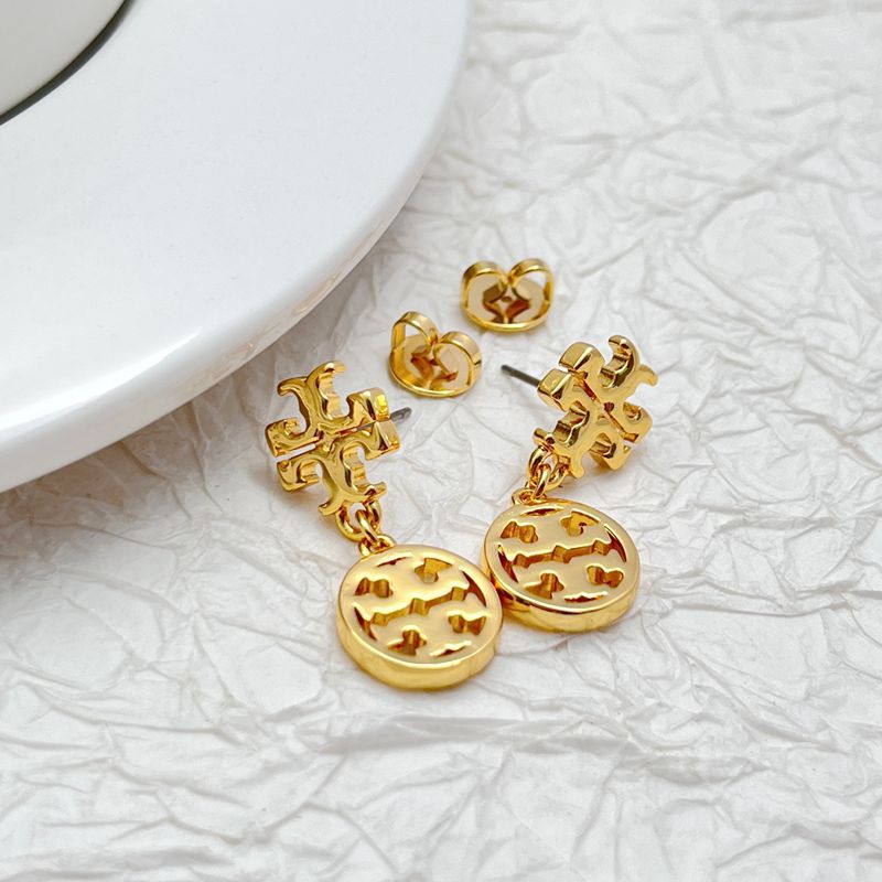 Goldfarbene Logo-Ohrringe mit runden Motiven und dangle-Anhängern