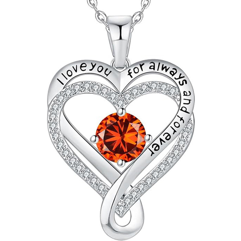 Ewiges Herz Anhänger-Halskette aus S925 Silber mit orangefarbenem Stein und Ziersteinrand