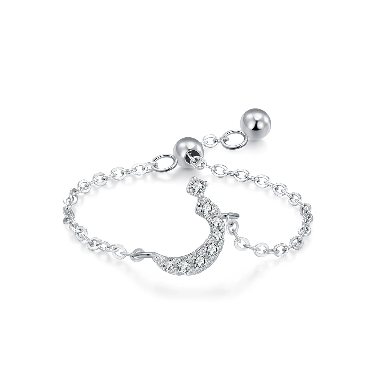 Sterling silver adjustable chain bracelet with Arabic letter charm in clear stones, crescent shape