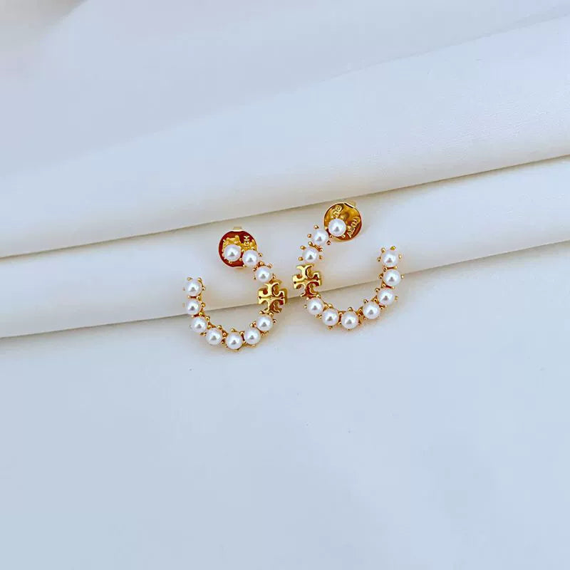 Tory Burch Logo Pearl Hoop Earrings