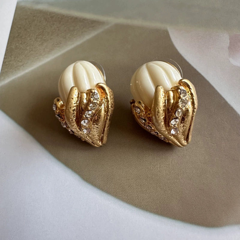 White enamel ice-cream stud earrings with gold-tone scalloped hearts and rhinestone accents