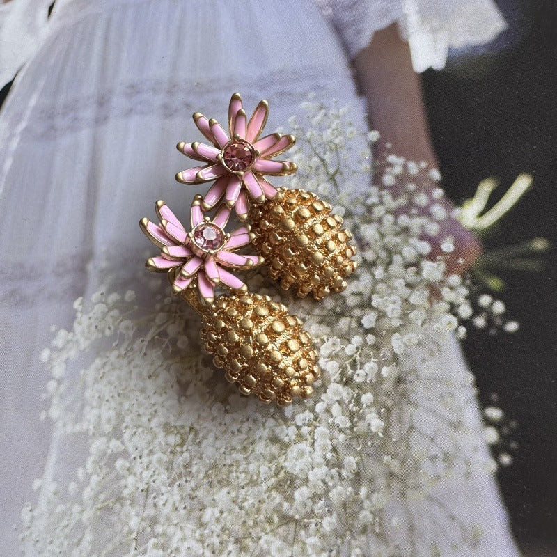 Pink enamel flower diamond earrings with gold textured pineapple drops and pink crystal centers
