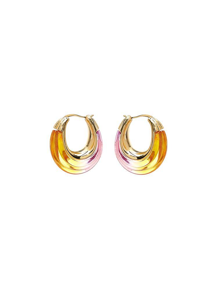 Ombré resin U-shaped hoop earrings with gold, yellow, and pink gradients