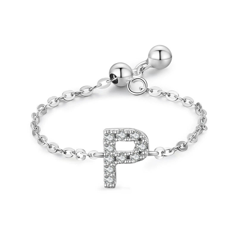 Adjustable sterling silver bracelet with pavé P-shaped initial charm and chain links