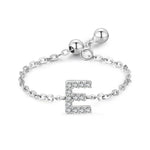 S925 sterling silver adjustable initial ring with chain band and full-pavé letter A