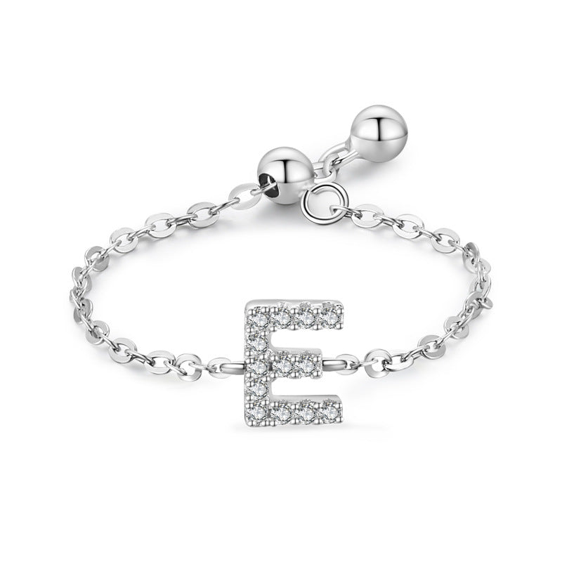S925 sterling silver adjustable initial ring with chain band and full-pavé letter A