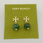 Dark green round agate pendant earrings with gold-tone geometric drop details