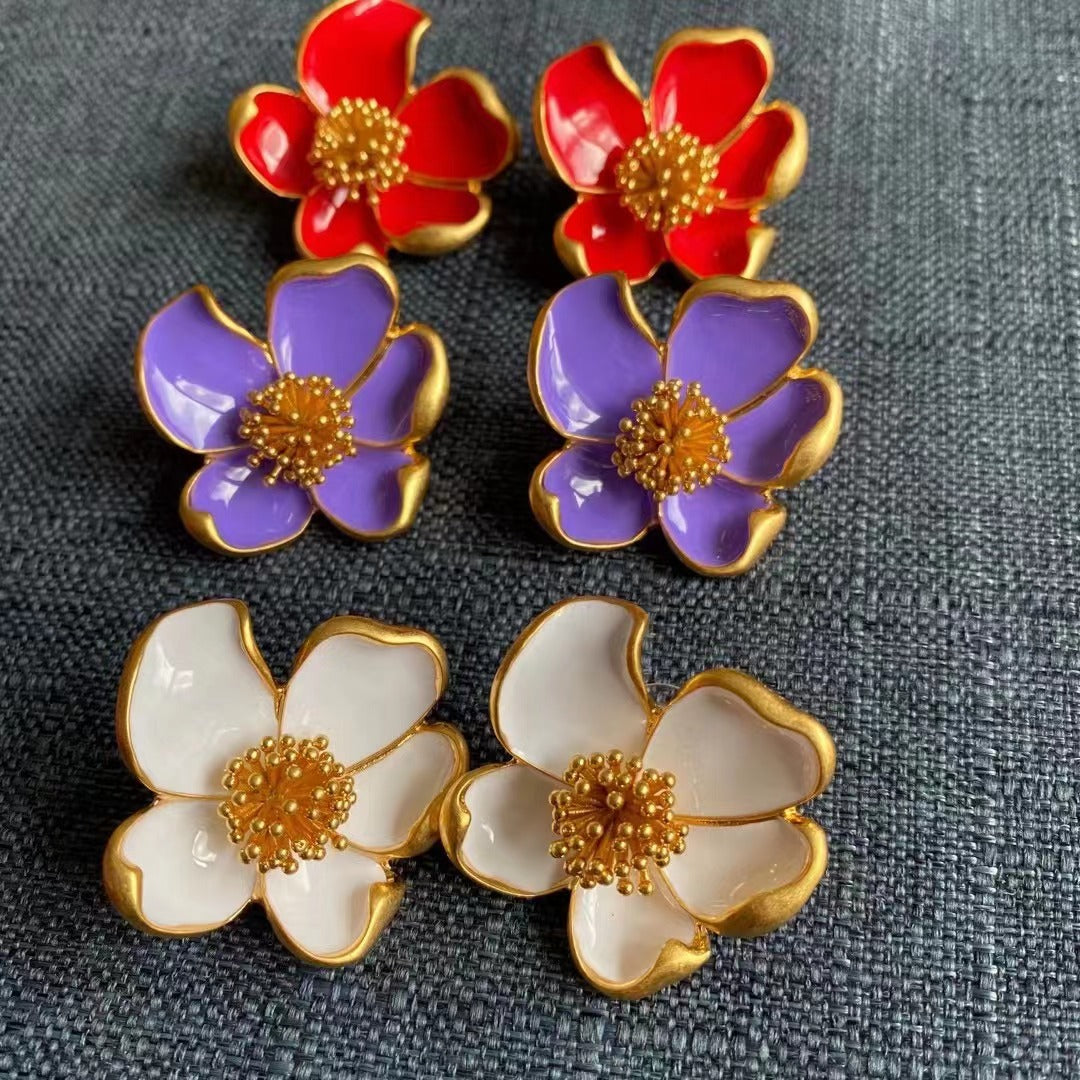 Multi-color enamel floral stud earrings: red, purple, and white with gold-tone centers