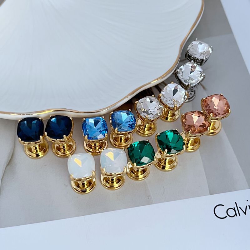 Geometric square stud earrings with multicolor rhinestones and gold-tone posts