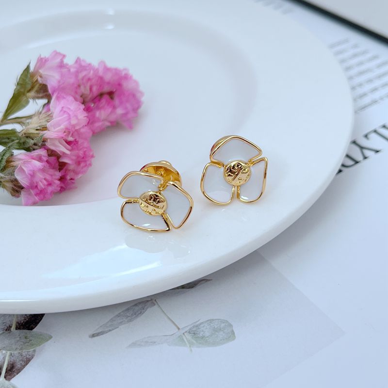 Enamel Camellia stud earrings, white flower petals with gold-tone center