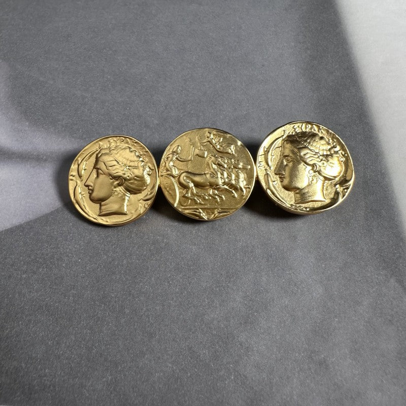 Ancient coin brooch with three matte gold coin medallions