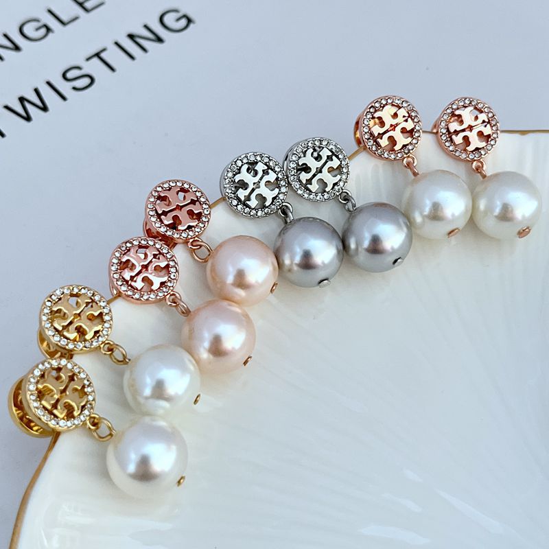 Round logo pearl drop earrings with mixed-tone logo discs and white pearl drops