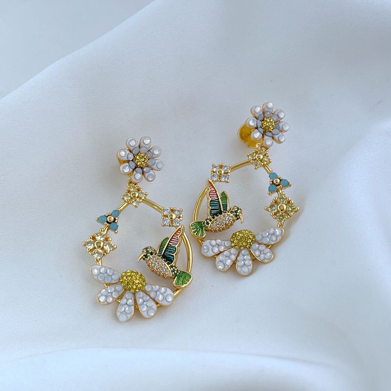 Kate Spade Enameled Zircon Hummingbird Daisy Hoop Earrings