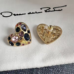 Heart crystal stud earrings, gold tone; multicolor stones with pink and dark blue centers