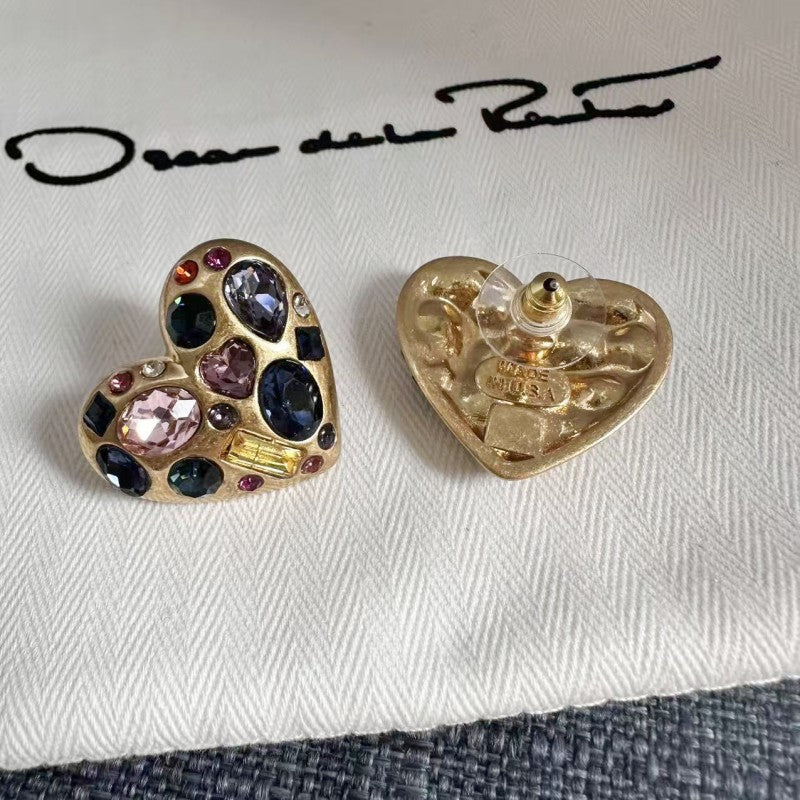 Heart crystal stud earrings, gold tone; multicolor stones with pink and dark blue centers