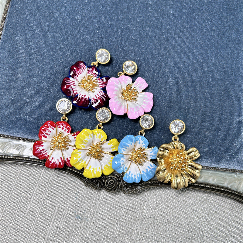 Vintage enamel cherry blossom earrings in red, pink, yellow and blue with gold studs