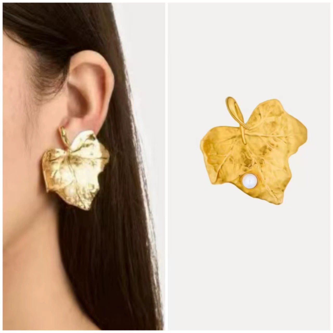 Gold-tone ivy leaf pearl earrings worn on ear with stud post