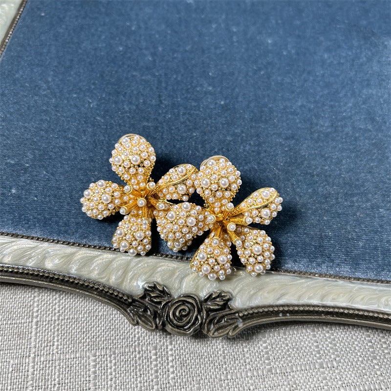 Oscar de la Renta diamond five-petal flower earrings, white pearl and crystal