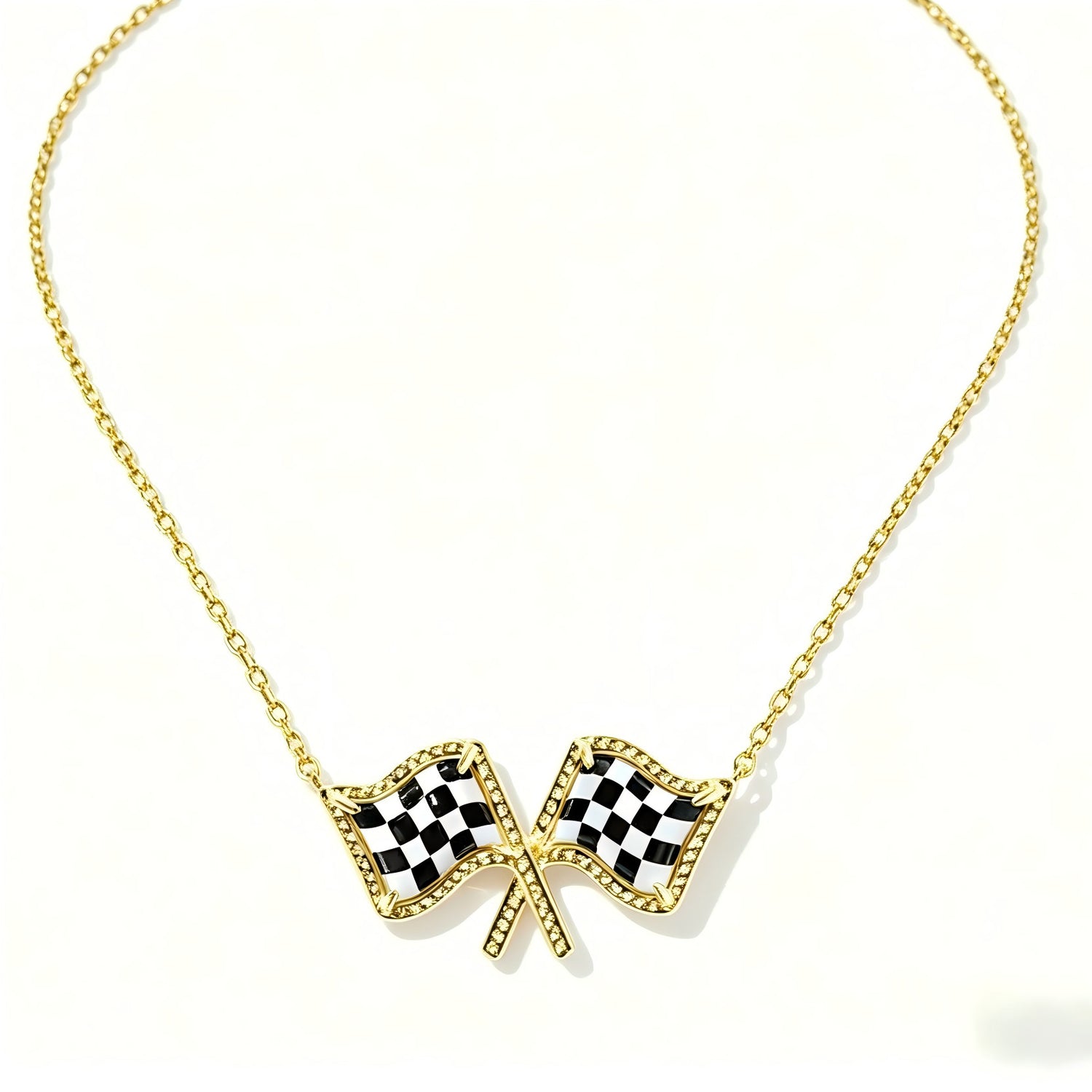 Gold checkered flag bow pendant necklace on a gold chain