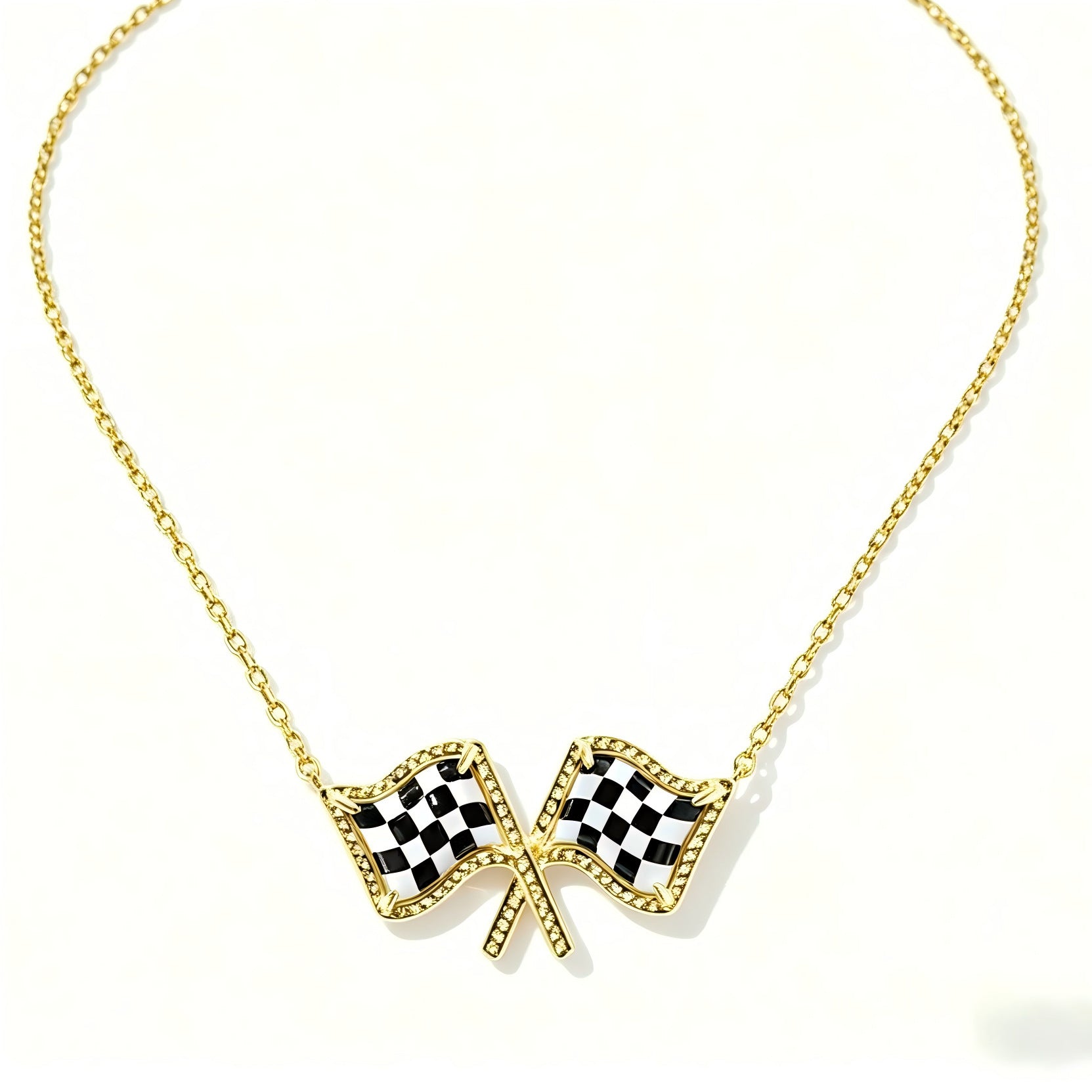 Gold checkered flag bow pendant necklace on a gold chain