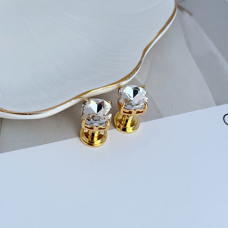 Geometric square stud earrings with clear white rhinestones and gold-tone posts