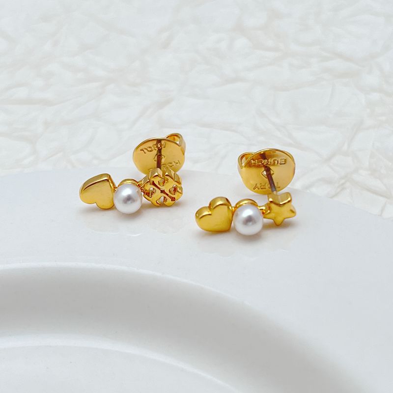 Gold-tone stud earrings with white pearls, heart and star charm design