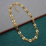 Gold-tone chain necklace with oval blue beads and round clasp sections