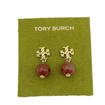 Red round agate pendant earrings with gold-tone geometric drop details