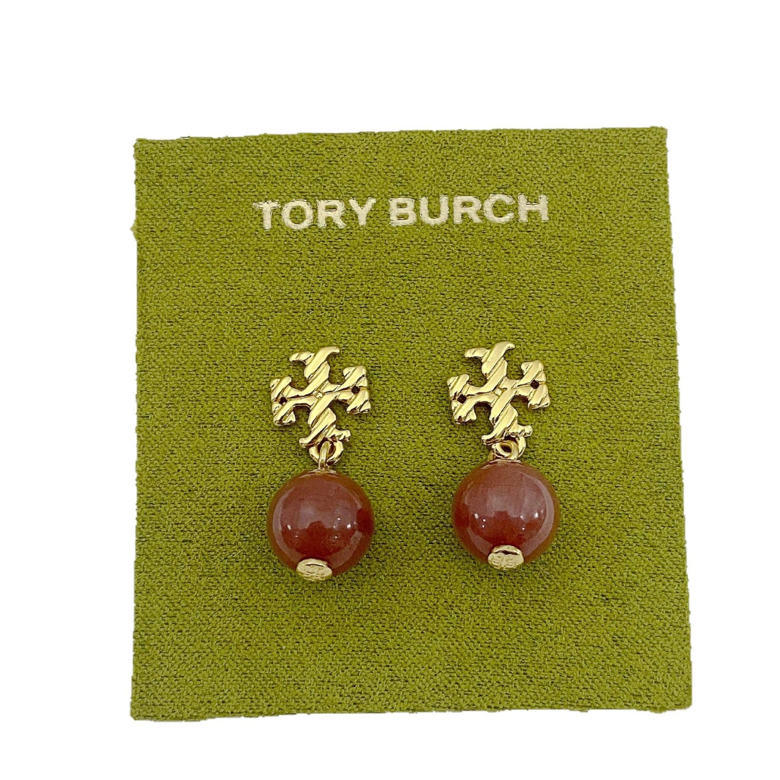 Red round agate pendant earrings with gold-tone geometric drop details