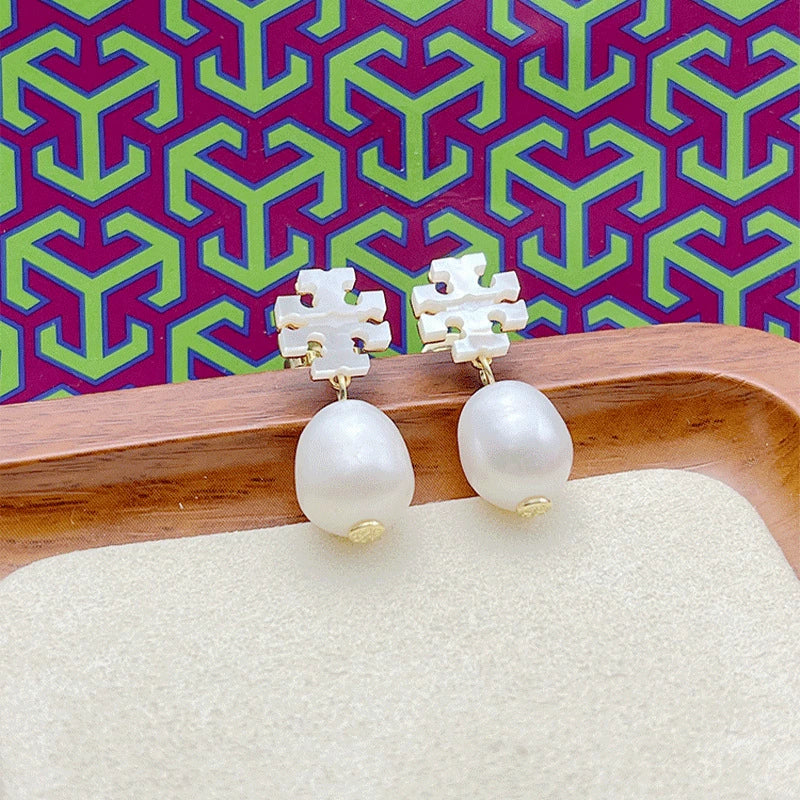 Tory Burch Natural Shell Logo Freshwater Pearl Earrings