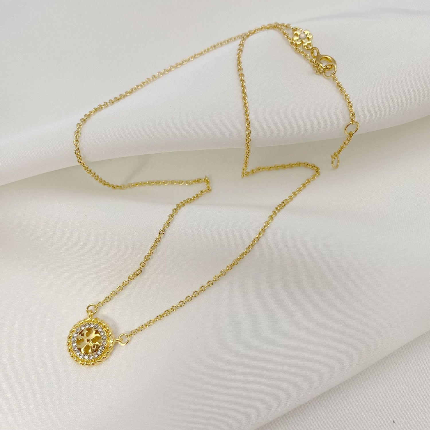 Tory Burch Rhinestone Openwork Circular Logo Necklace  Adjustable