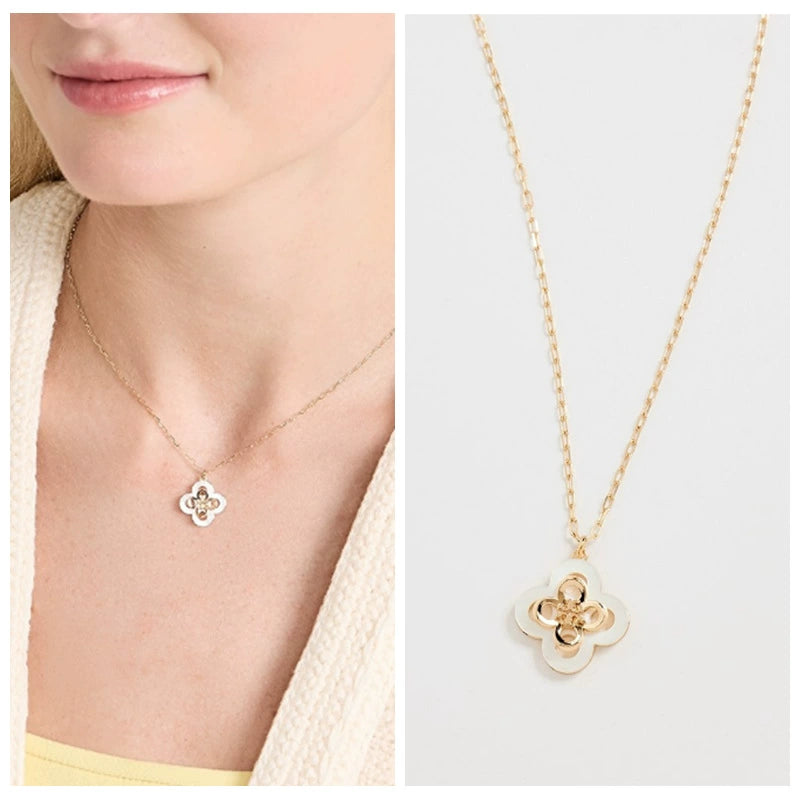 Tory Burch Natural Shell Layered Openwork Four-Leaf Clover Necklace