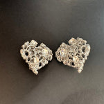 White gold-tone openwork heart stud earrings with clear round crystal details