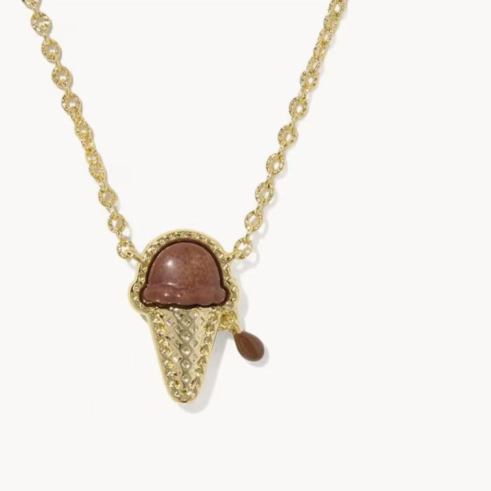 Brown ice cream charm necklace with gold chain and small cone-side charm