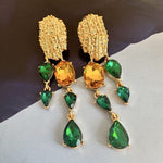 Green and amber teardrop crystal tassel earrings on gold filigree