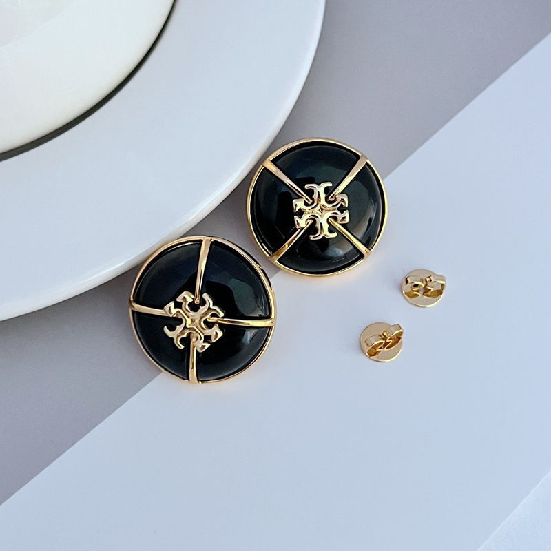 Black enamel round stud earrings with gold-tone cross motif; backs shown nearby