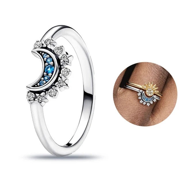 S925 Sterling Silver Pandora Galaxy Sun and Moon Ring Set