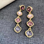 Full-crystal square drop earrings with purple and pink stones in gold-tone settings