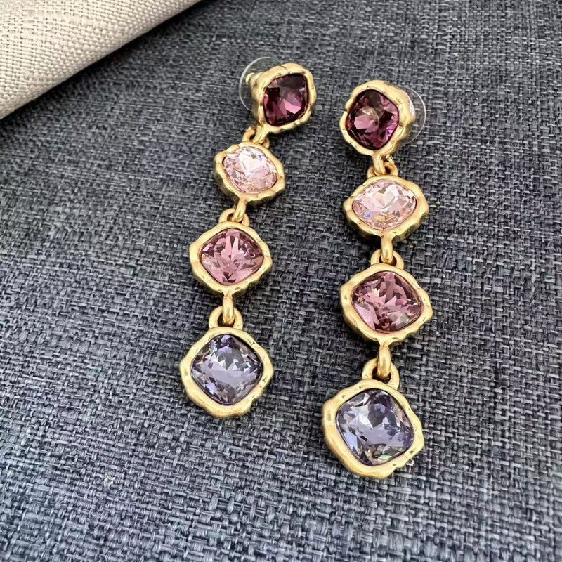 Full-crystal square drop earrings with purple and pink stones in gold-tone settings