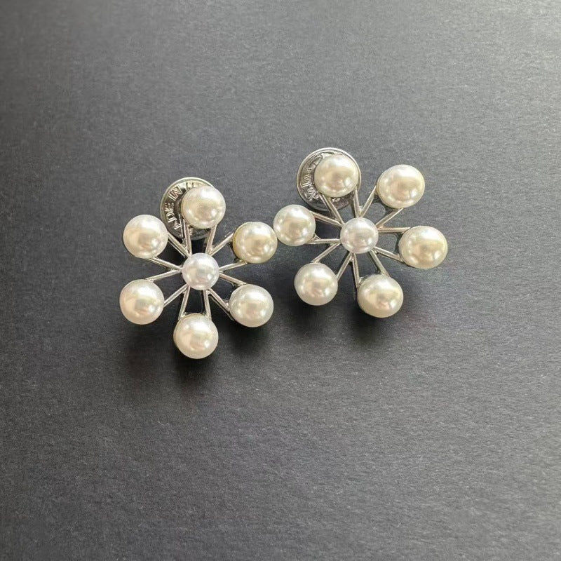 Ferris wheel pearl floral earrings, white gold-tone with round pearls and star frame