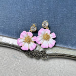 Vintage enamel cherry blossom earrings in pink and white with gold beaded centers