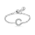 S925 sterling silver adjustable initial ring with chain band and full-pavé letter C