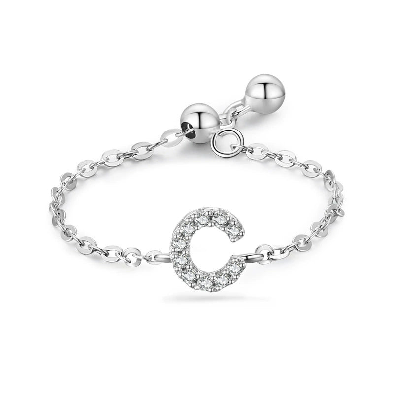S925 sterling silver adjustable initial ring with chain band and full-pavé letter C