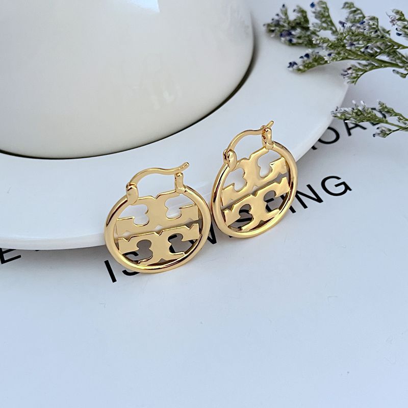 Gold-tone openwork logo metal hoop earrings with enamel-inlaid circular design