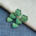 Hand-painted enamel leaf pendant earrings, green heart leaves with gold beaded detail