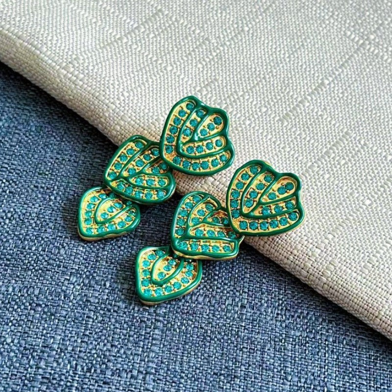 Hand-painted enamel leaf pendant earrings, green heart leaves with gold beaded detail
