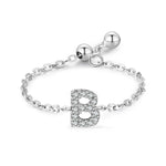 S925 sterling silver adjustable initial ring with chain band and full-pavé letter B